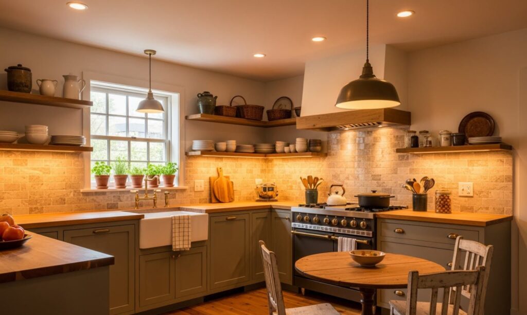 cozy kitchen with a tumbled travertine backsplash - stone tile kitchen backsplash